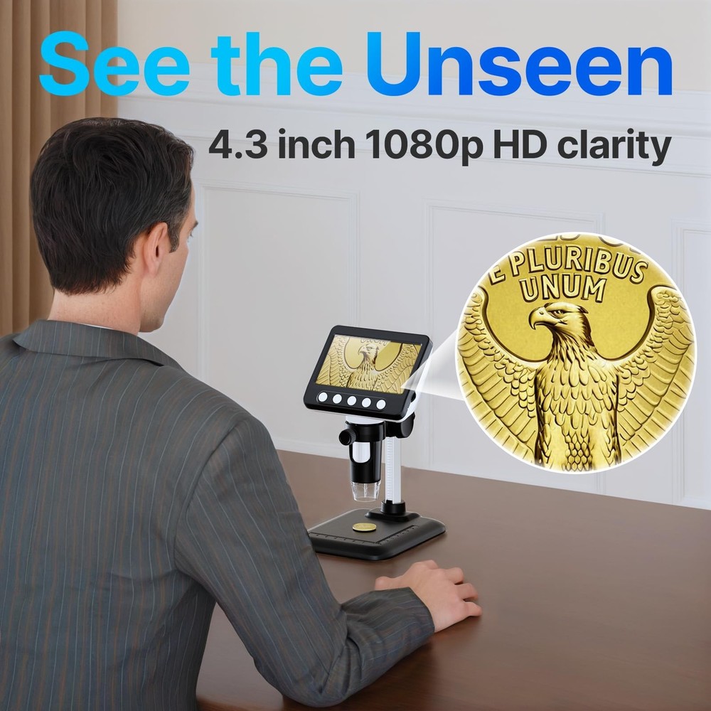 Digital Microscope, 4.3" LCD USB Coin Microscope, 1000X 1080P Error Coin Magn...