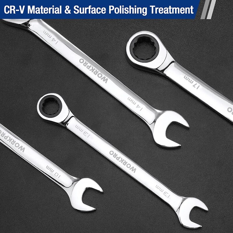 WORKPRO Ratcheting Combination Wrench Metric SAE Set 72-Teeth with Roll Up Pouch