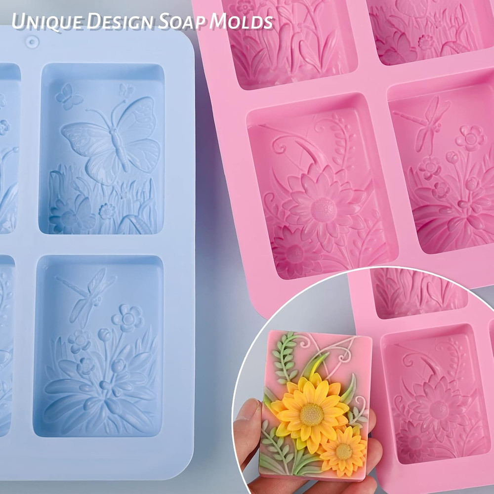 Moukiween Soap Molds Silicone, 3D Rectangular Insect Flower Silicone Molds for H