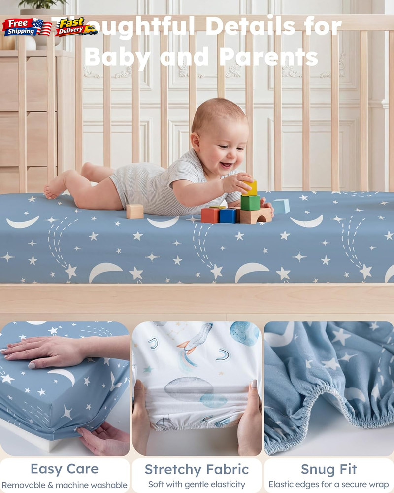 2-Pack Pack and Play Sheets 38x26" Mini Crib Fitted Sheets Blue Rocket Soft 2ct