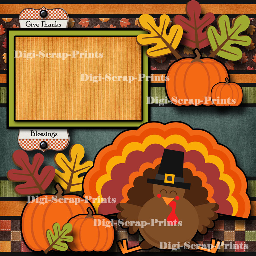 GOBBLE GOBBLE ~ thanksgiving 2 premade scrapbook pages layout printed DIGISCRAP