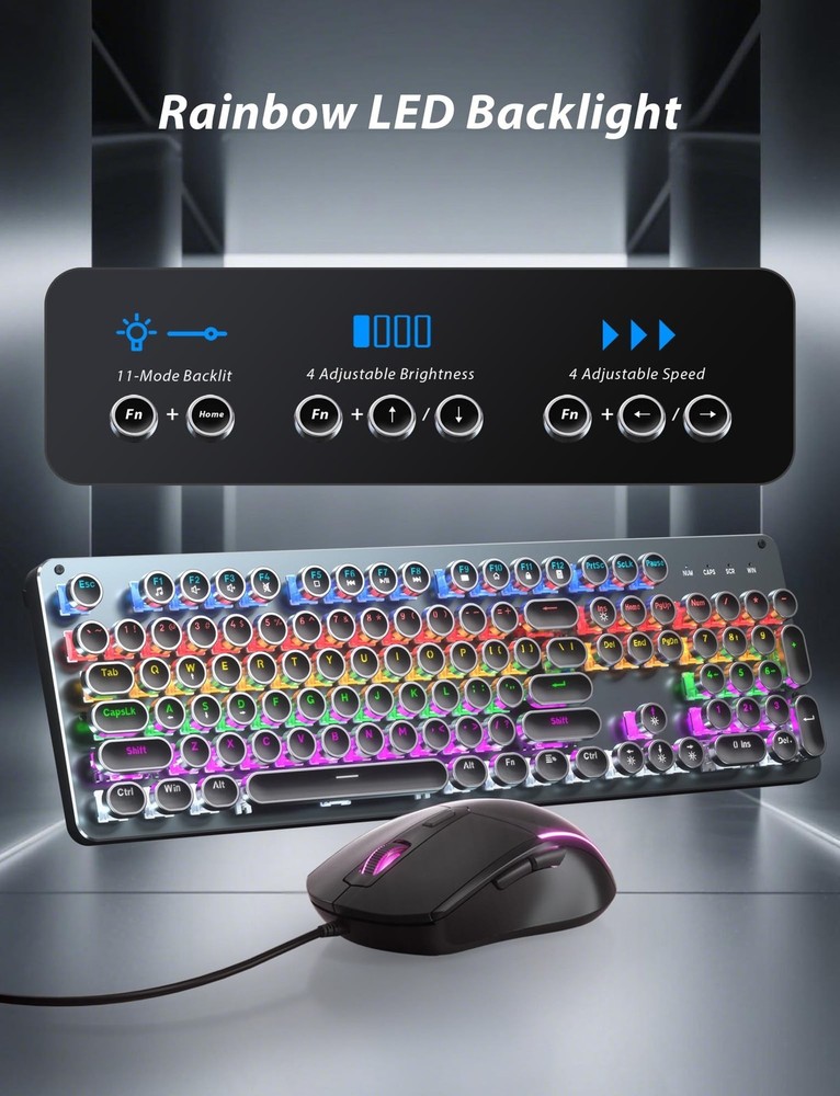 Typewriter Style Mechanical Gaming Keyboard Blue Switch, Rainbow LED Backlit ...