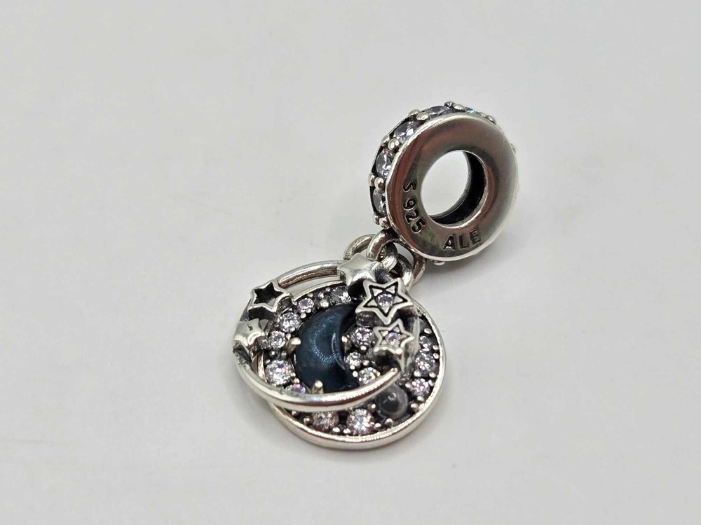 Authentic Pandora Charm Blue Night Sky Crescent Moon & Stars Dangle