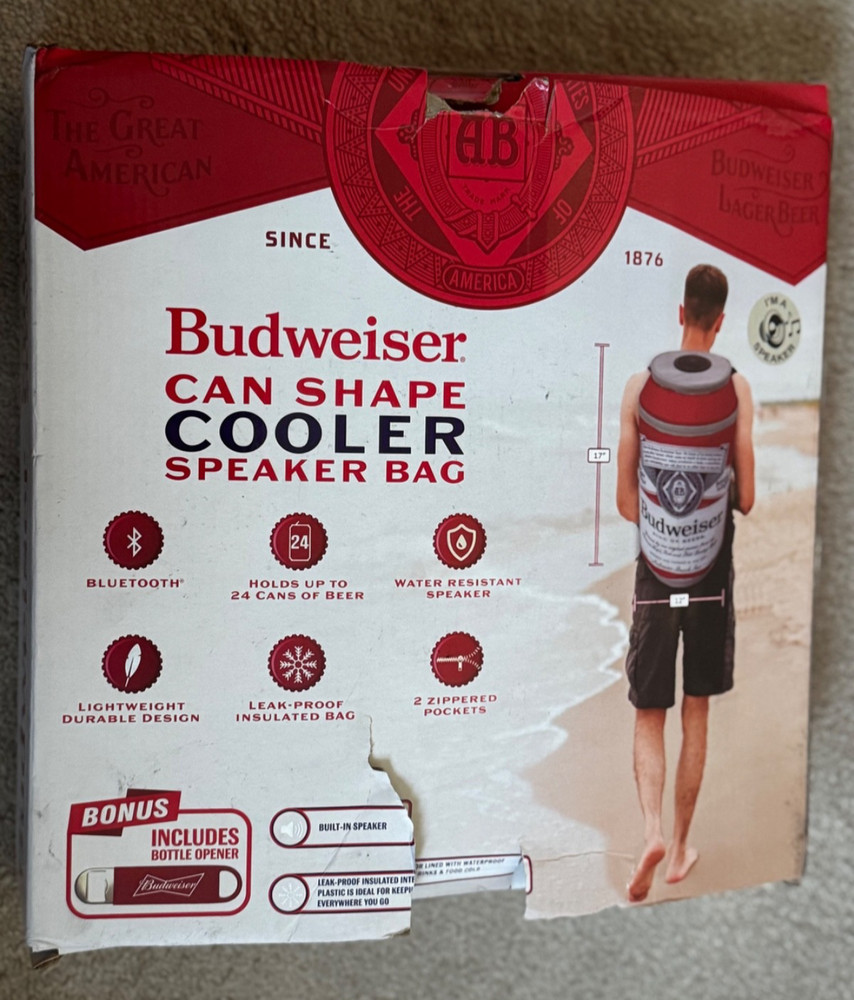 BUDWEISER 24 CAN CAN SHAPED COOLER BACKPACK WITH BLUETOOTH SPEAKER