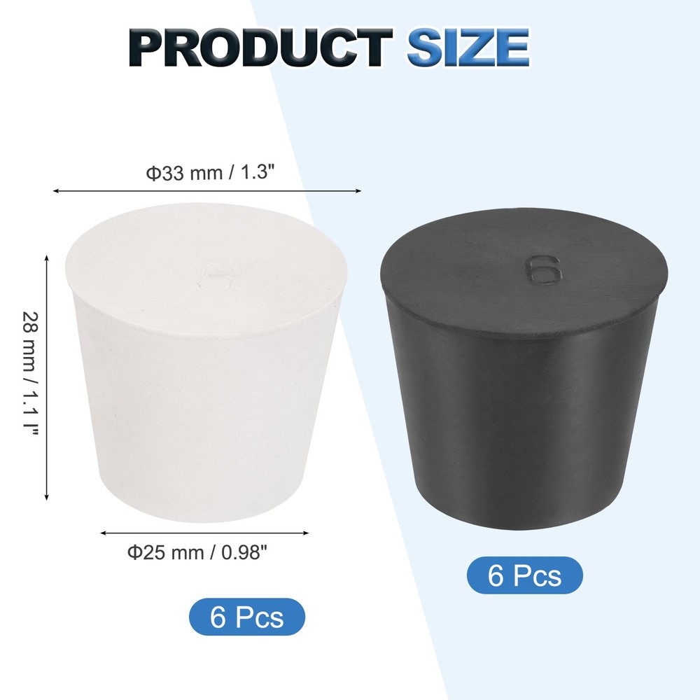 12 Pcs Solid Rubber Stopper Size 6#-33mm x 25mm - 28mm Long, Black/White