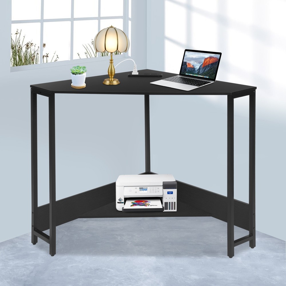 Triangular Corner Desk, Small Desk with Outlets, Free Standing Corner Table
