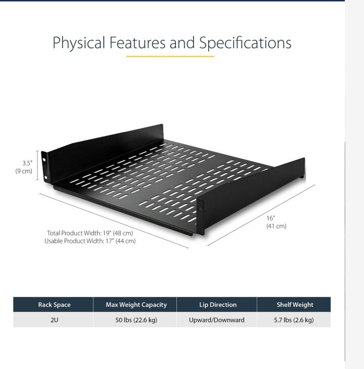StarTech.com 2U 16in Universal Vented Rack Mount Cantilever Shelf - Fixed Server