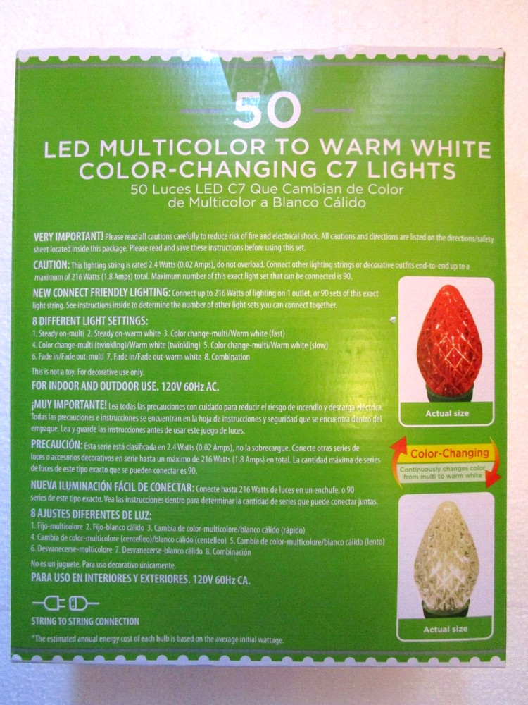 Holiday Time LED C7 String Lights 50 LED 8 Functions Color Changing 22ft NEW