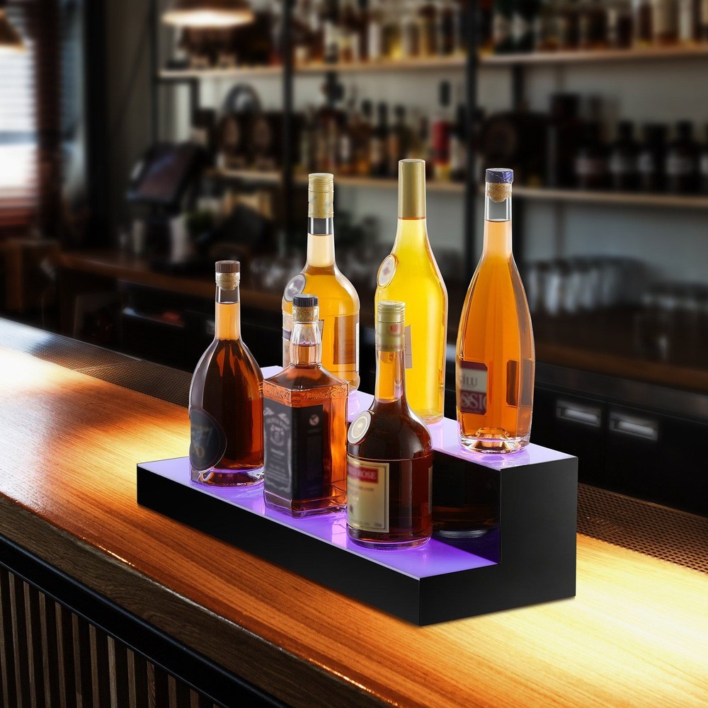 2-Tier LED Lighted Liquor Bottle Display 24" Bar Shelf RF Remote & App Control
