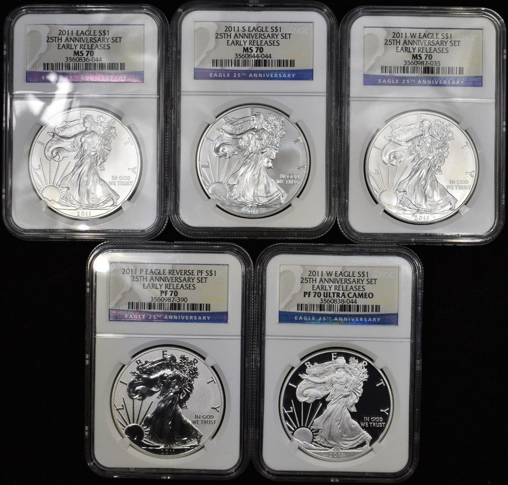 2011 5 COIN $1 SILVER AMERICAN EAGLE SET ✪ NGC PF MS-70 ✪ REVERSE PROOF 25th ANV