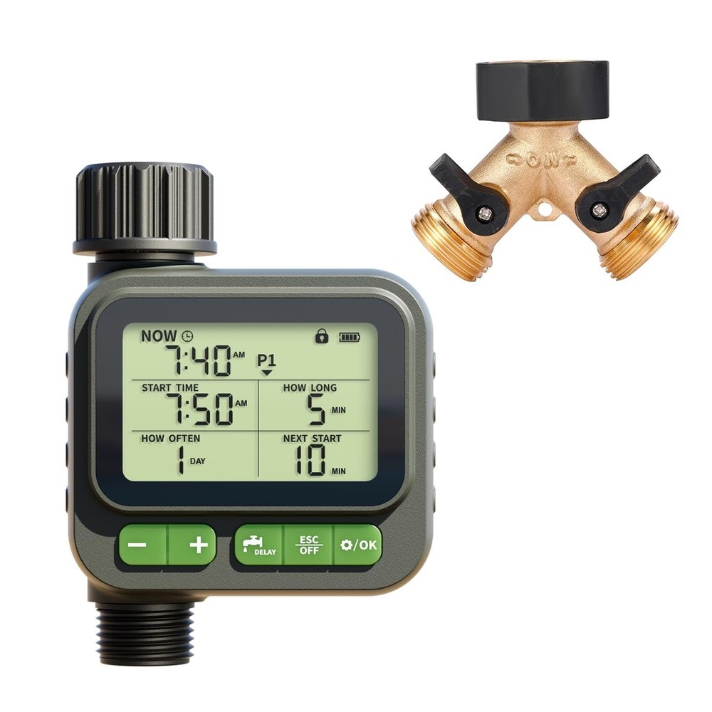 VODESON Sprinkler Timer System w/Brass Splitter|Programmable Stand, Green