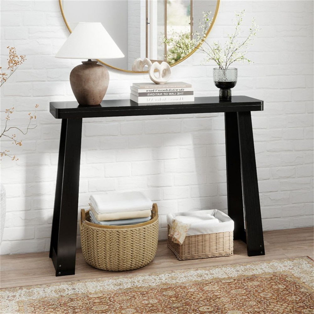 Black Solid Rubberwood Narrow Console Table, 43"Space-Saving Entryway Table
