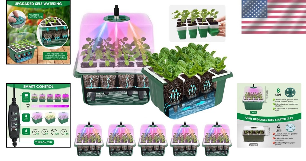 5-Pack Self-Watering Seed Starter Tray with Adjustable Grow Light - 60 Cells