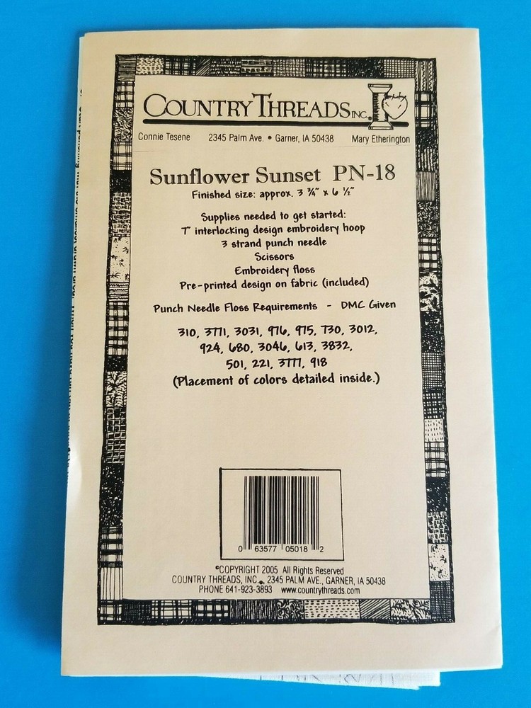 Country Threads PUNCH NEEDLE PATTERN ~ Sunflower Sunset PN-18