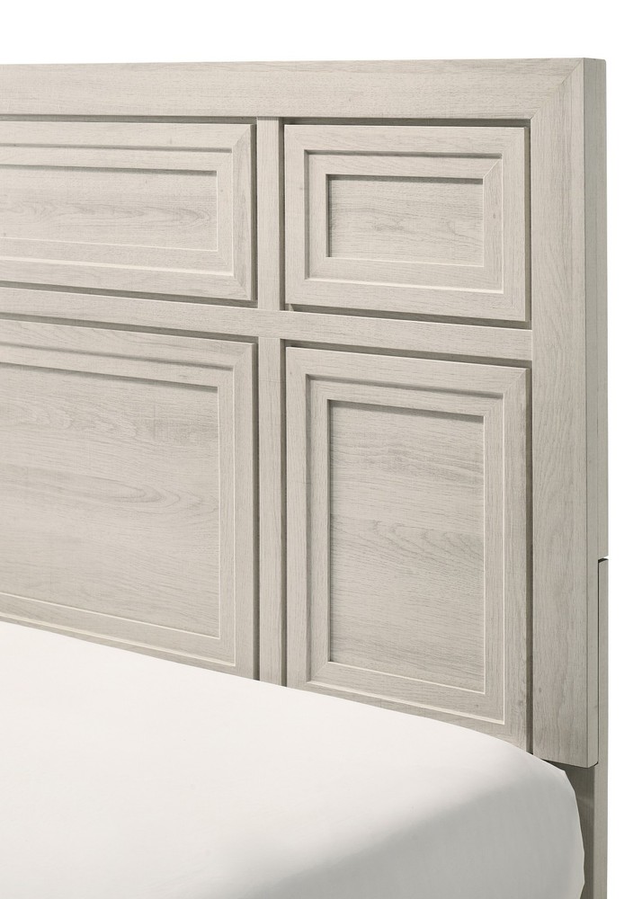 4pc Antique White Finish Queen Panel Bed Set Geometric Design Headboard