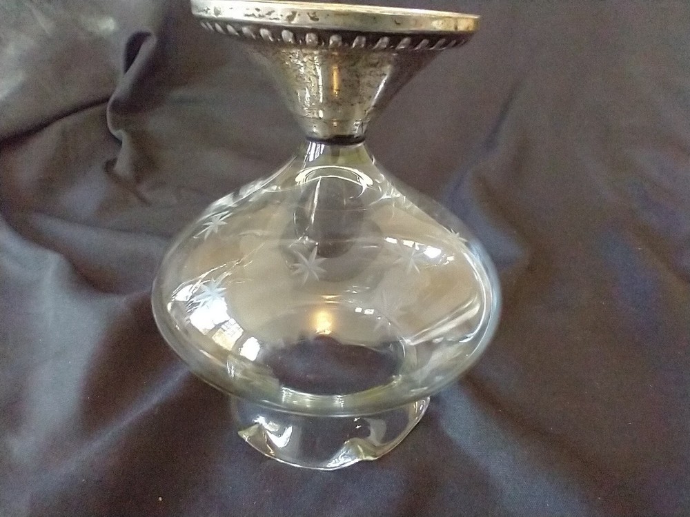 MCM Etched Glass Dish with Weighted Sterling Base Star Etchings Atomic