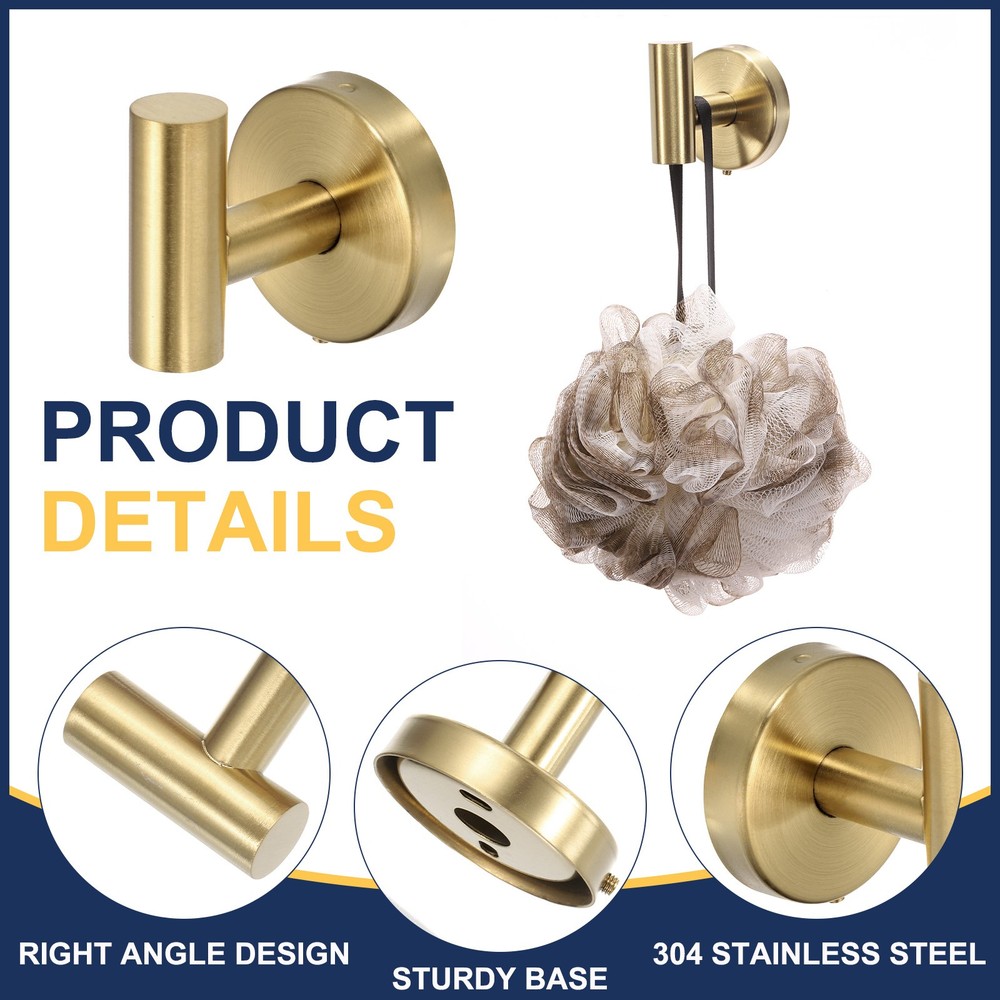 2pcs Bath Towel Hook, Stainless Steel Coat Hook Robe Hooks Gold