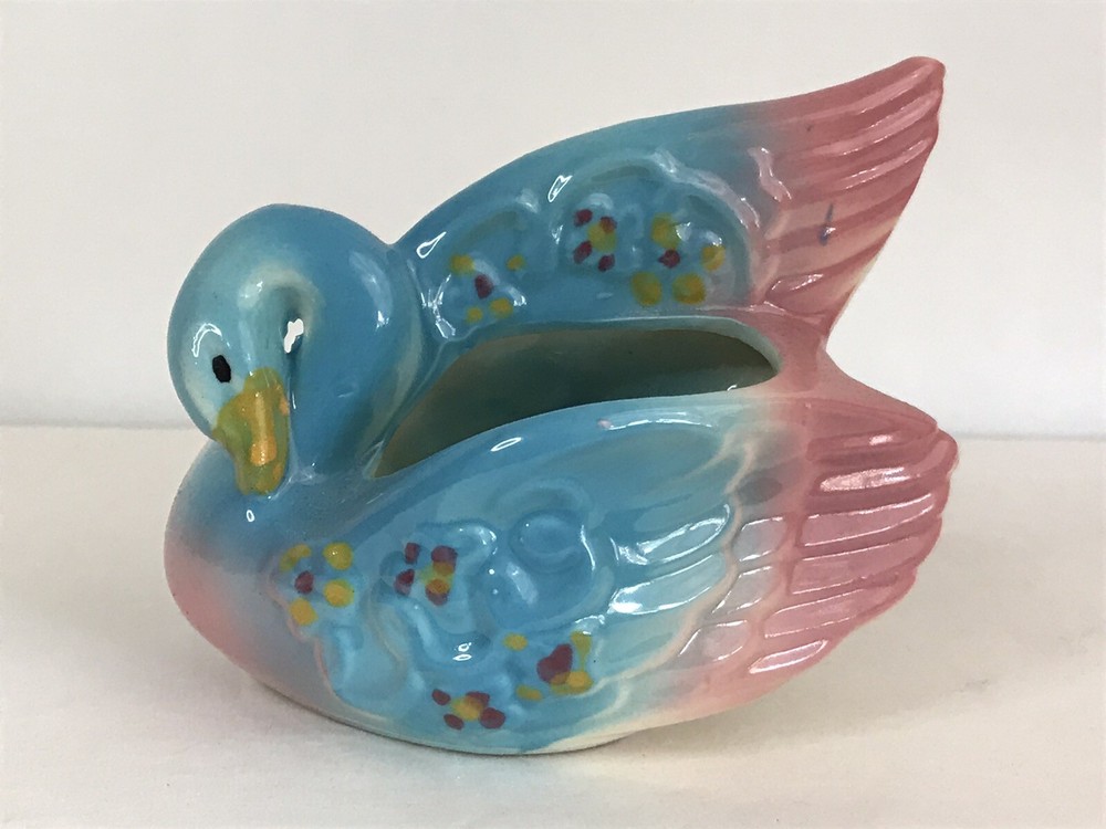 Vintage Blue Pink Swan Ceramic Planter