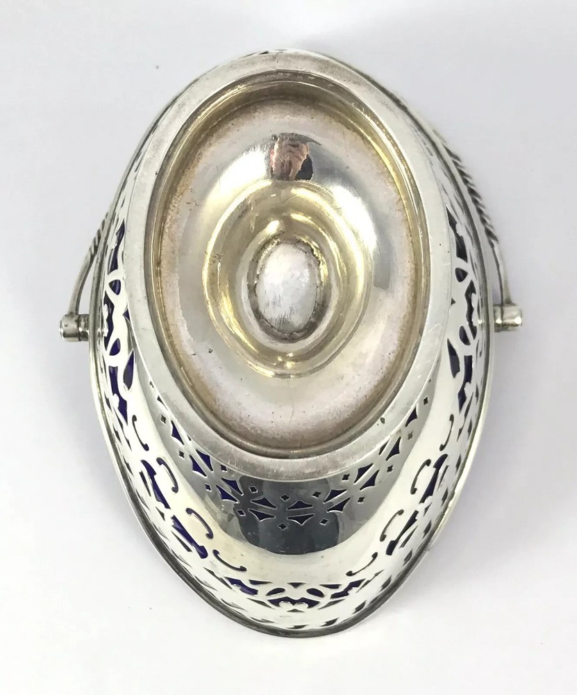 Solid Silver Sugar Basket Dish Cobalt Blue Liner 1906 William Mammatt & Son