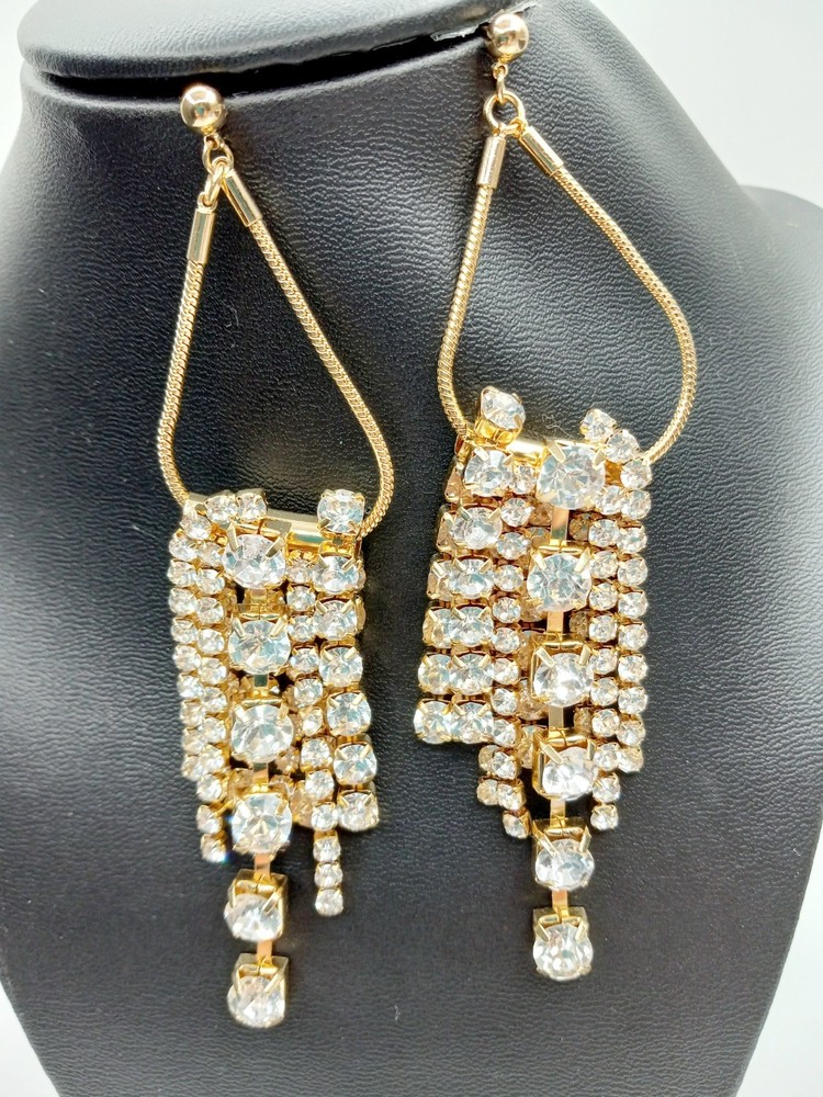 Rhinestone Statement Dangle Earrings Goldtone Posts Layered