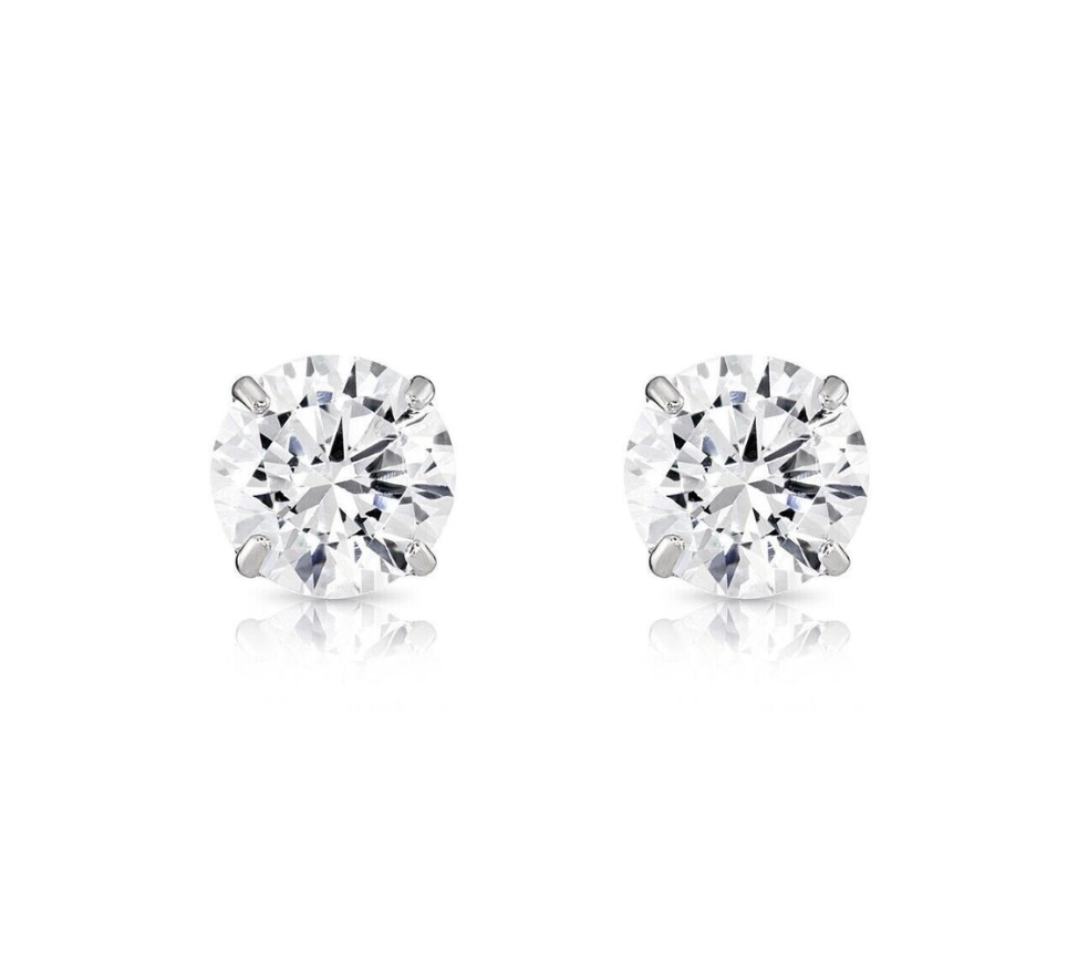 14K Solid Yellow/White Gold Round CZ Stud Earrings Basket Setting 2-10mm