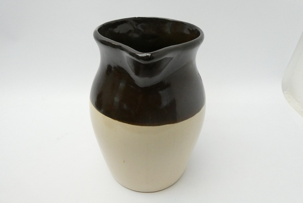 Brown Off-White Tan Single Handle Medium Size Stoneware Water Pitcher Jar