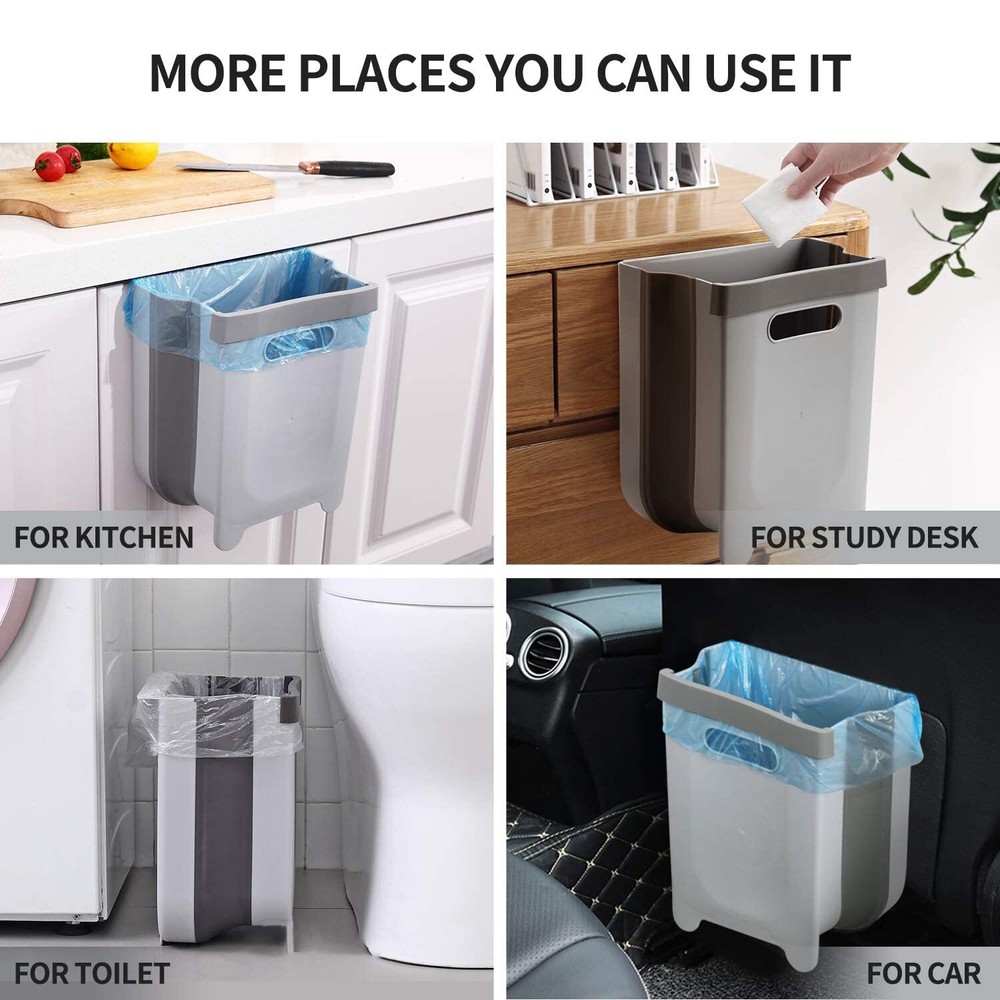 Hanging Collapsible Trash Can - 9L Wall Mounted Foldable Waste Bin for Kitche...
