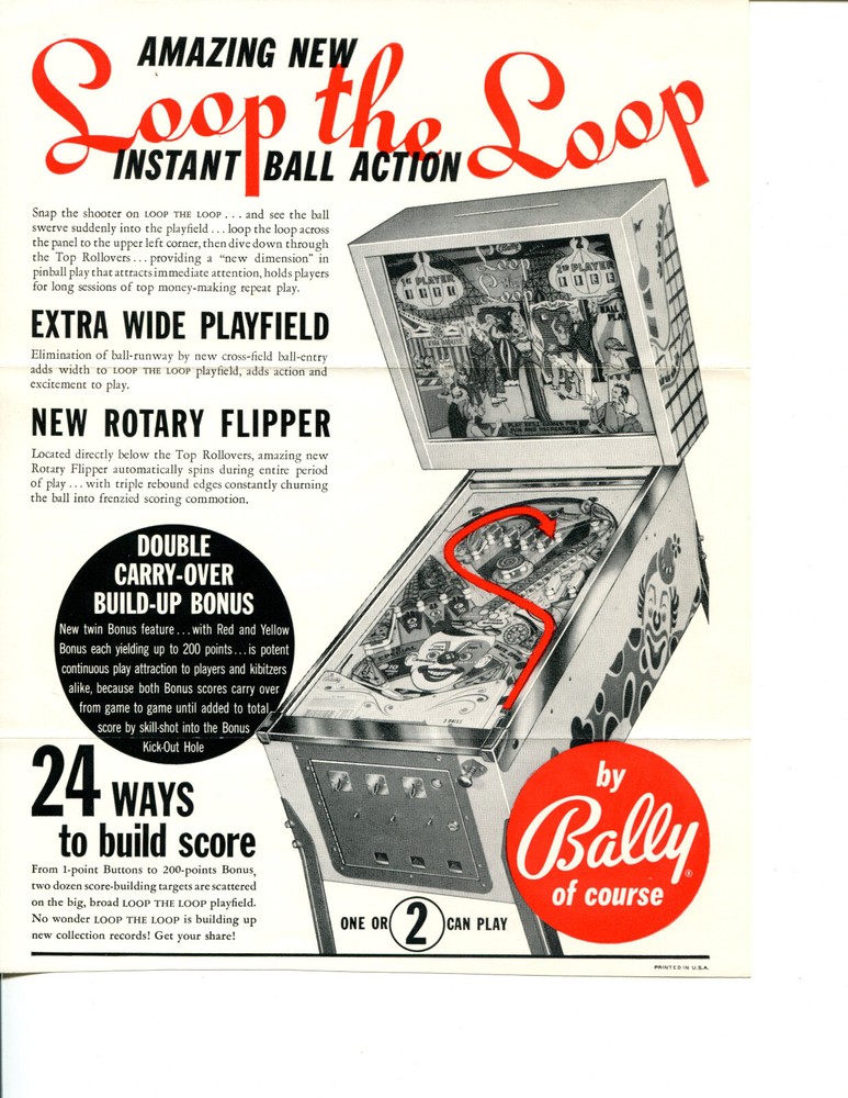 Loop the Loop Bally Pinball Flyer / Brochure / Ad ***Hard to Find***