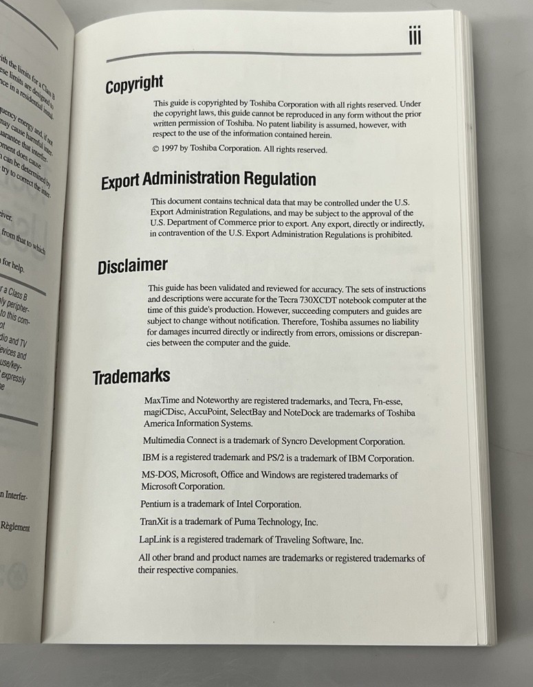 1997 Toshiba TECRA 730XCDT Laptop Computer User's Guide Manual