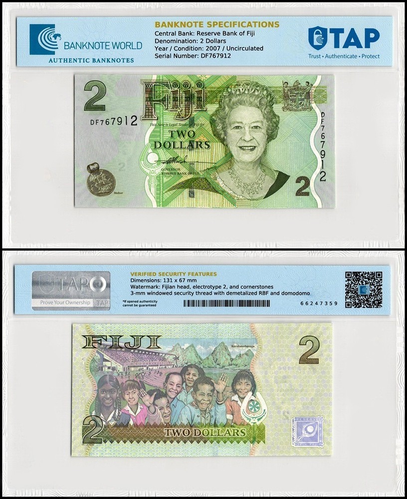 Fiji 2 Dollars, 2007 ND, P-109a, UNC, TAP Authenticated