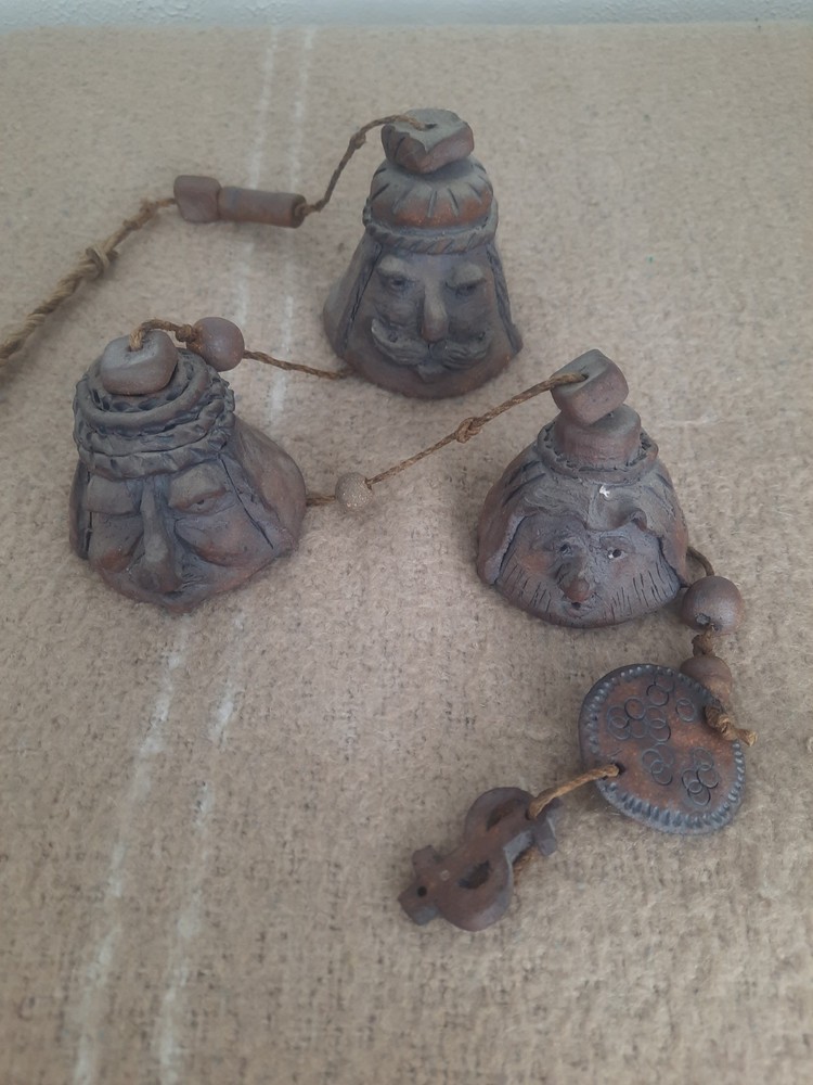 Artisan Ceramic Pottery Wind Chimes- Bell Faces, Approx 3 Feet Long UNIQUE