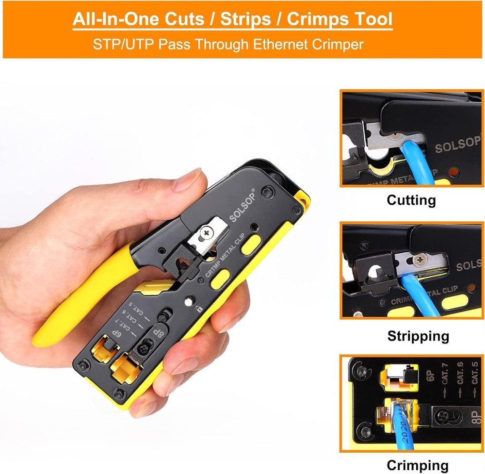 Versatile Pass Through Crimp Tool and Tester Bundle with 50 Pack RJ45 Connectors