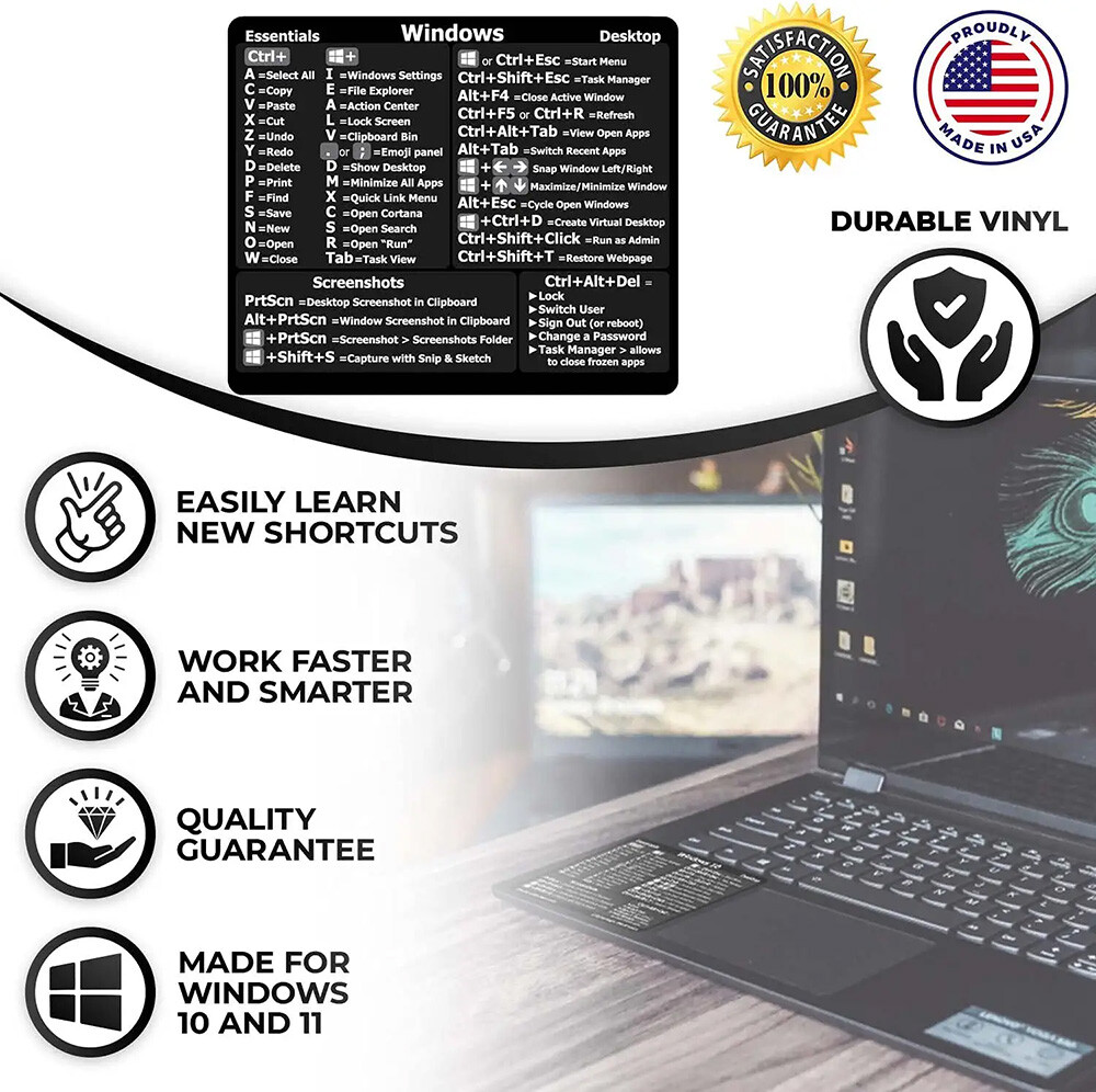 Windows PC Laptop Desktop Reference Guide Keyboard Vinyl Shortcut Sticker Decal