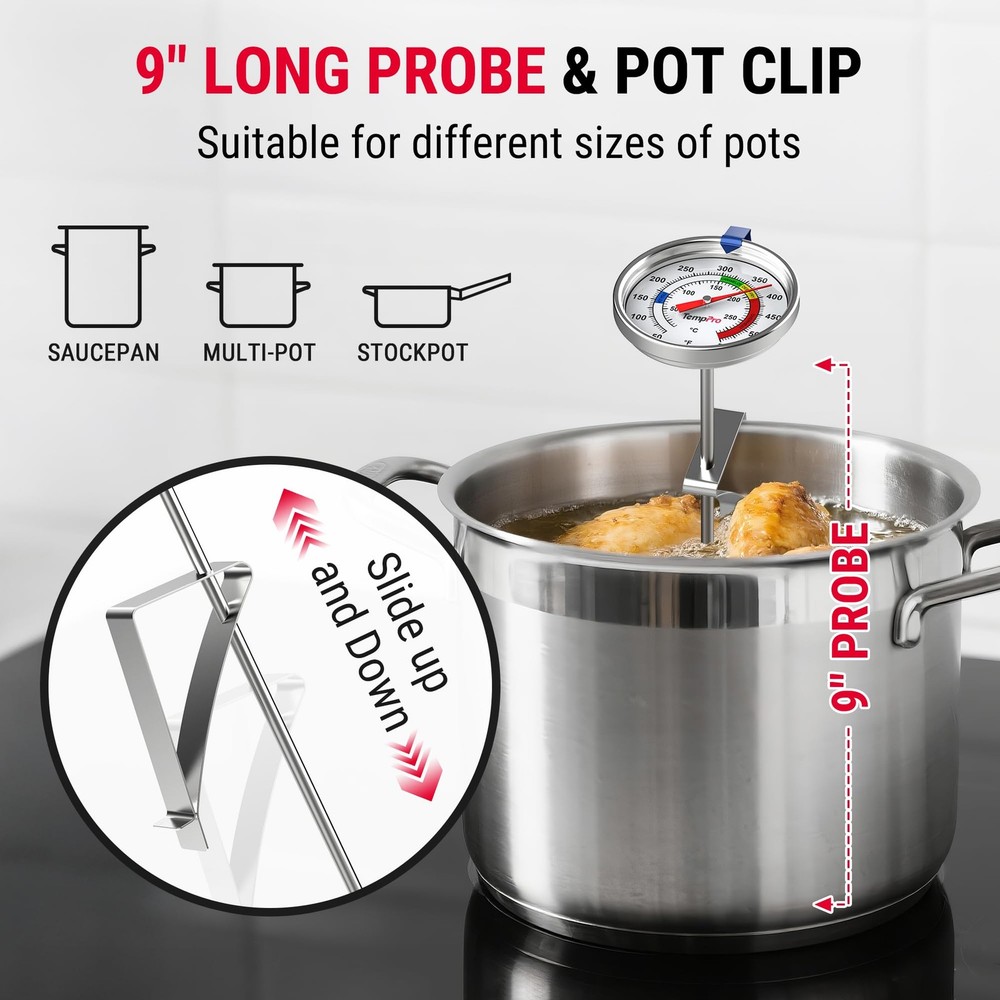 TempPro Candy Thermometer with Pot Clip, 9" Mechanical Thermometer, Silver