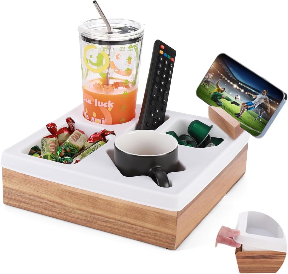 Couch Cup Holder Tray, Silicone Wooden Couch Caddy with Cup Holder (White)