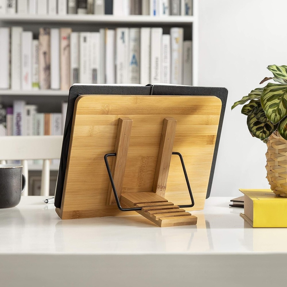 Bamboo Book Stand Adjustable Holder Tray Page Clips Foldable Portable Reading