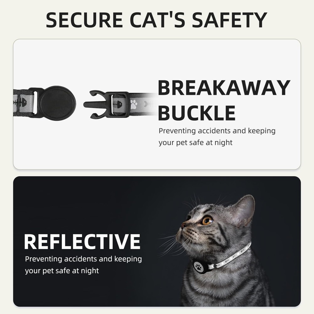 Waterproof Airtag Cat Collar, Reflective Collar with Bell, Black