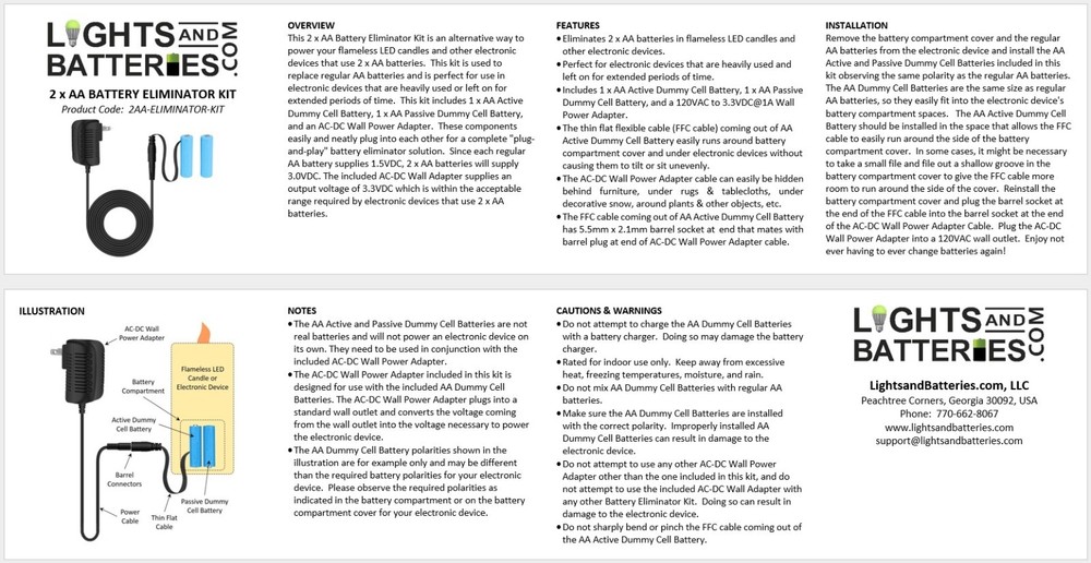 2 x AA Battery Replacement Eliminator Kit for Electronic Devices