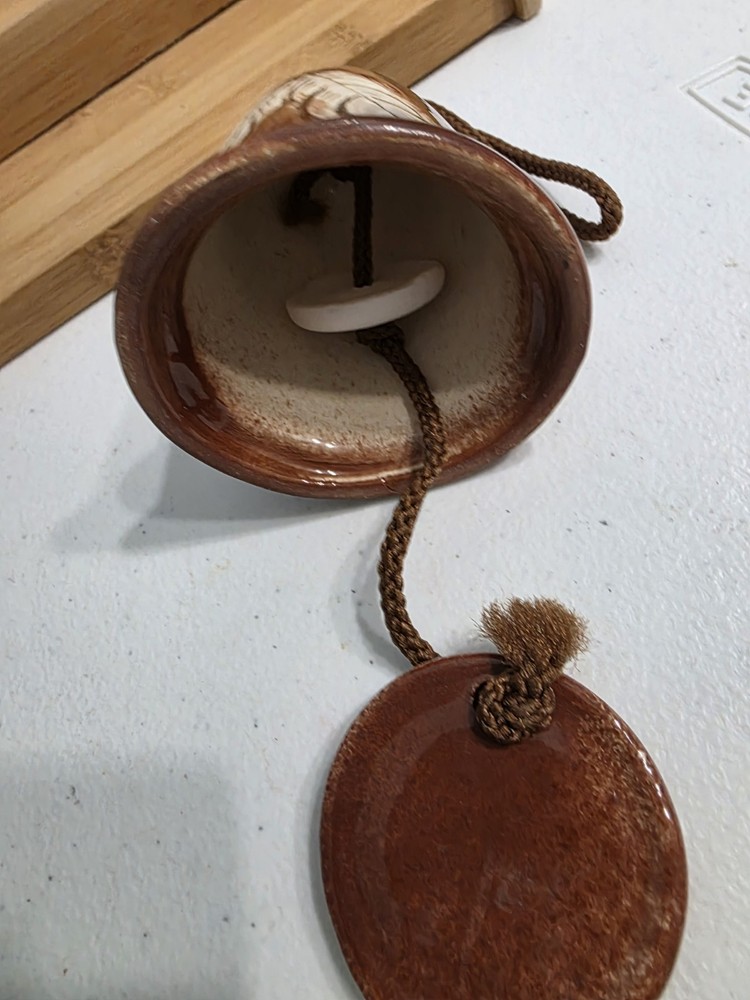 Handmade Ceramic Bell Wind Chime Feather Design Brown Pottery Art Boho Garden