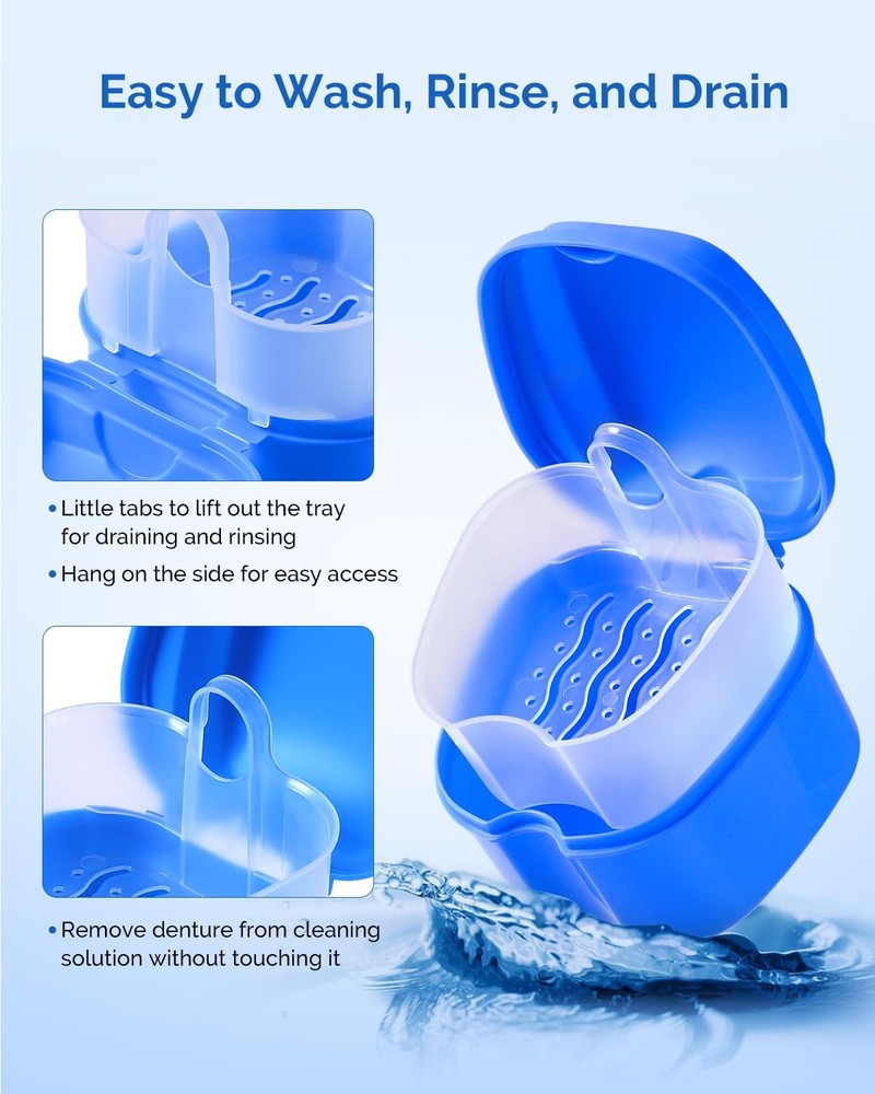 JMU 2pcs Denture Bath Case, Cup for Soaking Navy Blue,Teal Blue