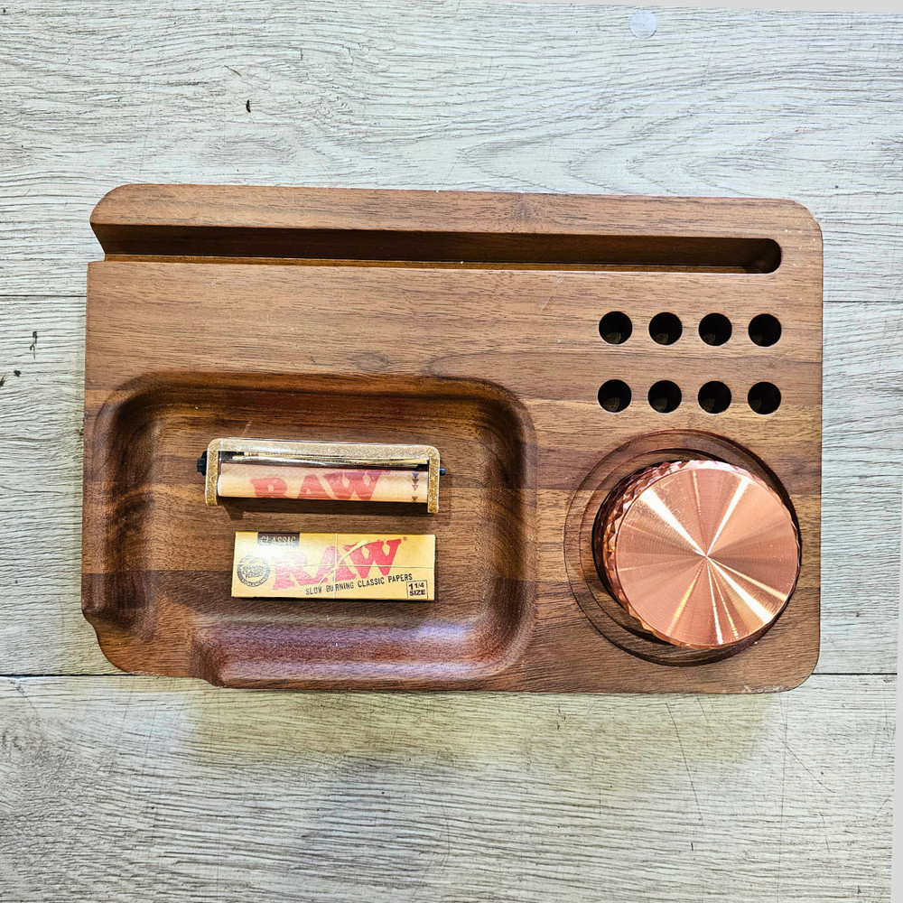 Premium Walnut Rolling Tray Kit – Grinder, Roller & Papers Combo