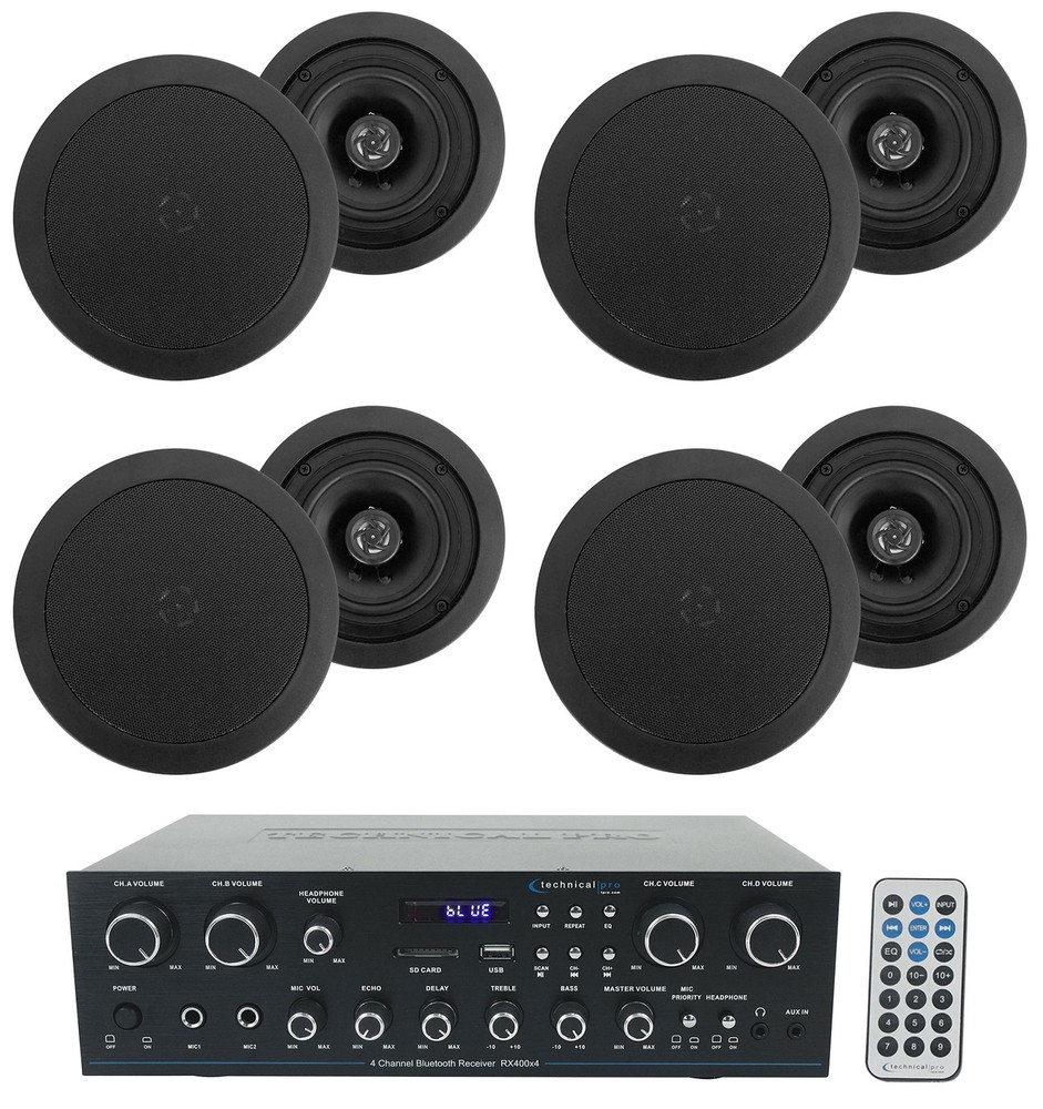 Technical Pro RX400X4 Bluetooth Home Receiver Amp+8) 5.25" Black Ceiling Speaker