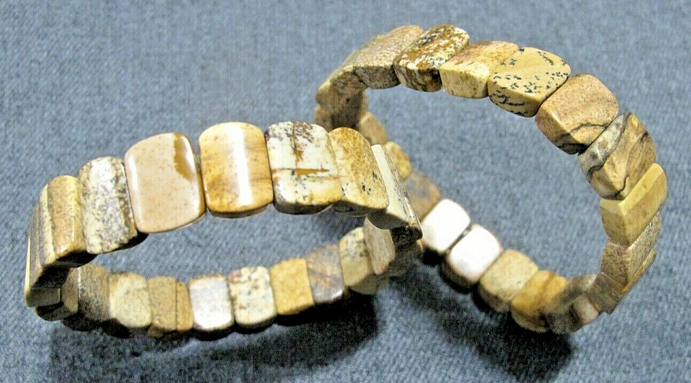 Vintage boho marbled brownish real stones beads elastic 2 bracelets