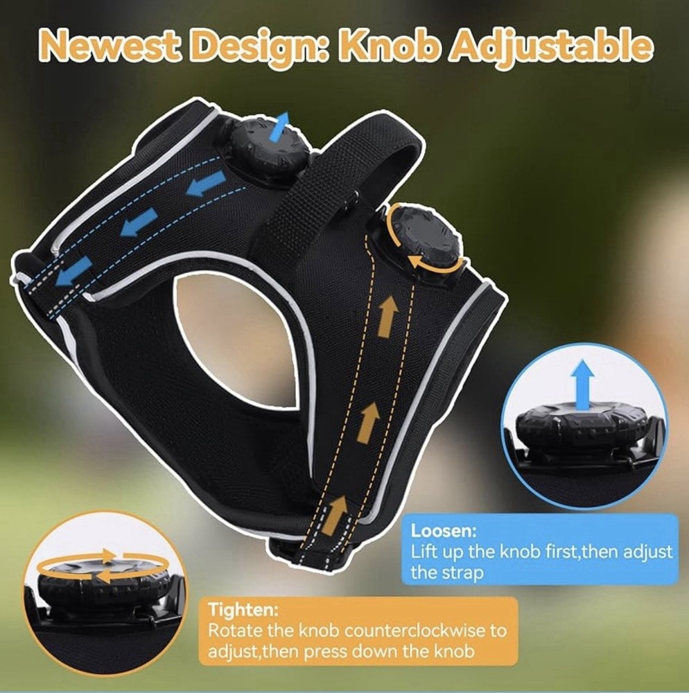 Premium Padded Dog Harness, No Pull Reflective Knob Adjustment, Black (Small)