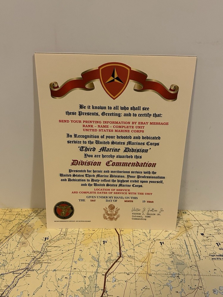 U.S.M.C. / THIRD MARINE DIVISION ~ DIVISION COMMENDATION REPLACEMENT CERTIFICATE