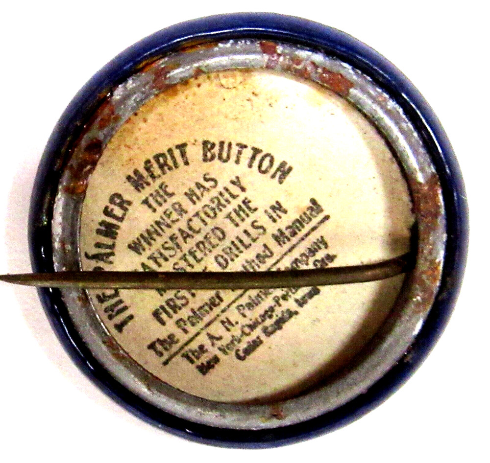 1930's PALMER METHOD Writing dark blue 7/8" pinback button w/back paper ^
