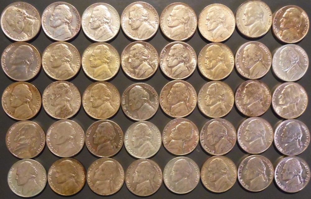 1943-P Jefferson Silver War Nickel Roll Mostly AU