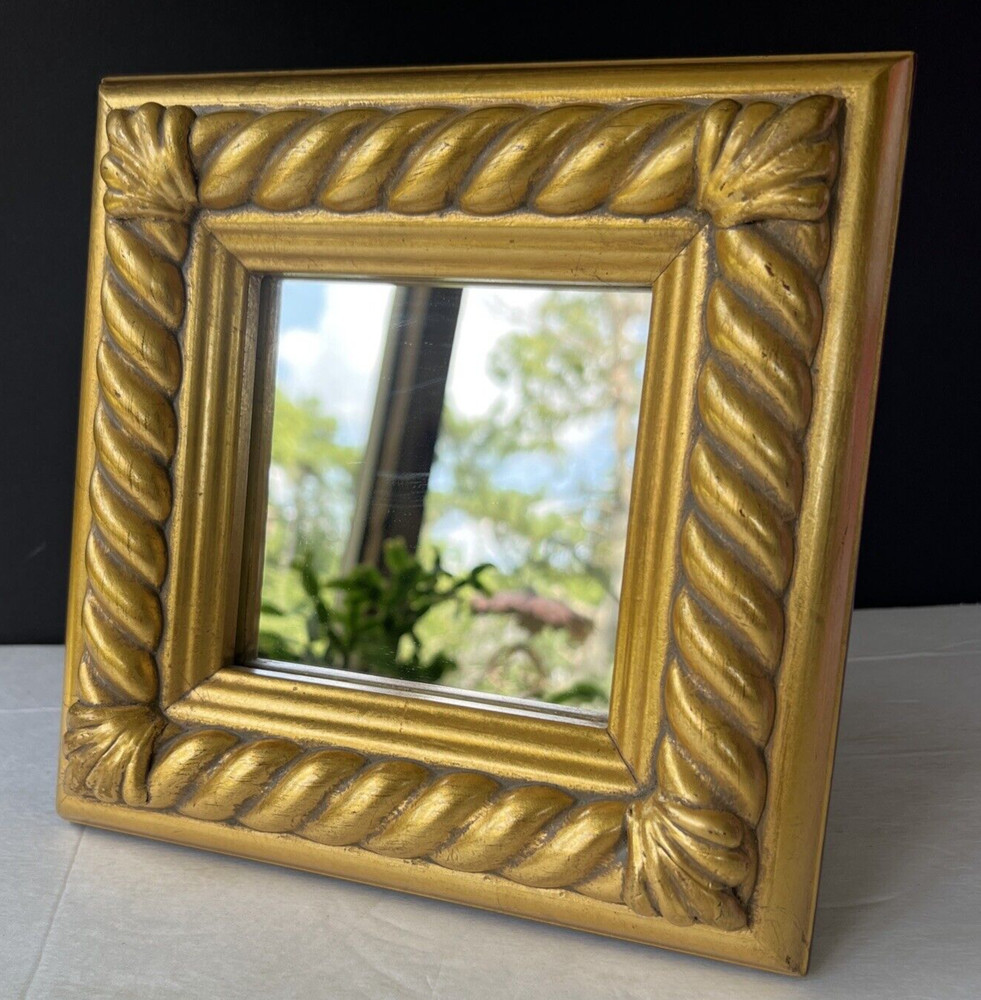 Artemis Square Gold Frame Mirror Tabletop or Wall Hanging 8.5" Scroll & Shell