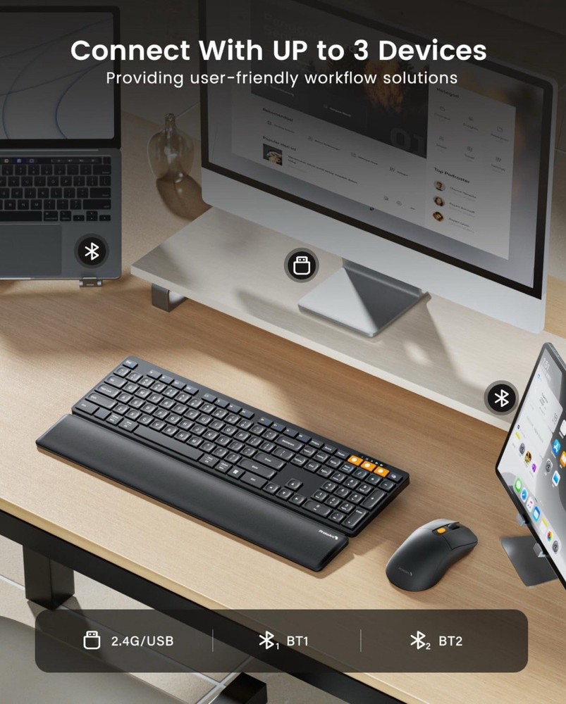ProtoArc Wireless Keyboard and Mouse, KM60 Full-Size Bluetooth Keyboard Mouse