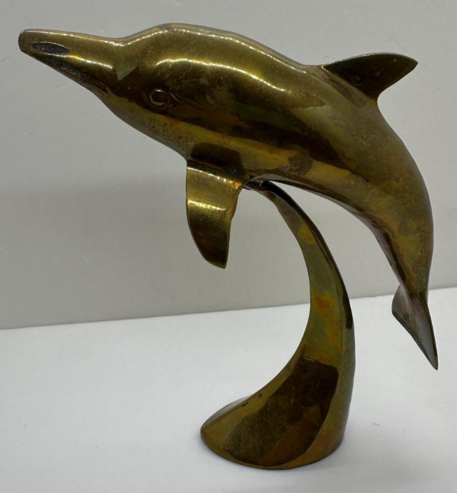 Solid Brass Dolphin Statue 7 1/2" Tall Riding an Ocean Wave